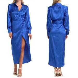 RONNY KOBO Bernice Satin Royal Blue long Sleeve High Slit Midi Dress NWT XS